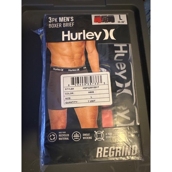 Hurley Men's Regrind Fashion Boxer Brief 3 Pack in Red/blue, Size Large, NIB - Picture 2 of 3